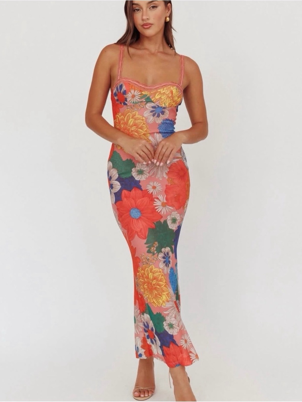 Floral Bodycon Maxi Dress with Spaghetti Straps - Coral Multi